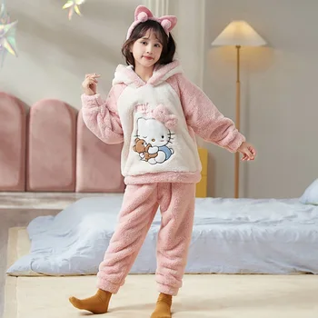Hello Kitty Sanrio Anime Vezene Dekleta Plišastih Pižamo 2Pcs Nastavite Kawaii Kuromi Cinnamoroll Pozimi Hooded Koralni Žamet Sleepwear