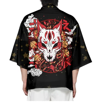 Modna Plus Velikost Japonski Anime Fox Masko Tiskanja Kimono Jopico za Moške in Ženske - Ohlapno Fit 4XL-6XL Cosplay Haori Majice