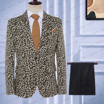 2023 Novih Moških Obleko Moški Poročni Leopard Natisnjeni Ženina Slim Fit Priložnostne Poslovnih Jopičem 2 Kos Set（Jakna+Hlače）Teno Masculino
