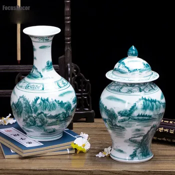 Zelena Keramične Vaze Kitajski Porcelan Doma Dekor Tabela Vaze Jedru Emerald In Bele Barve Gorska Pokrajina Pokrajina vaza