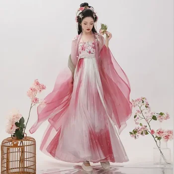 Tradicionalna Kitajska Oblačila za Ženske Poletje Kezi Krilo Vezene Veliki Rokav Shirt Hanfu Roza Tang Dinastije Hanfu Obleke set