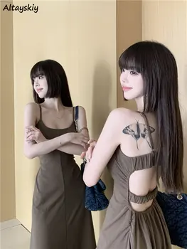 Maxi Obleke, Ženske Seksi Backless Korejskem Slogu Mujer Poletje Elegantno Brez Rokavov Vestidos Retro Preprost Čiste Barve Ponudbe Moda