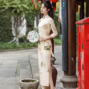 2023 Poletje Lotus Cheongsam Dolgo Qipao Obleke Ženska Sodobne Premium Orientalski Obleko Tradicionalni Kitajski Wear Ženske