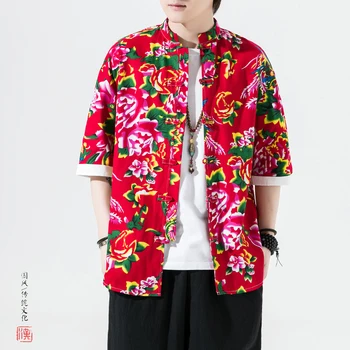 Vroče Prodaje Kitajski Retro Slogu Velik Cvet Moške Hanfu Majica Poletje Tiskanje Sinicism Kratek Rokav Izbiranje Sponke Barvni Kontrast Rokavi