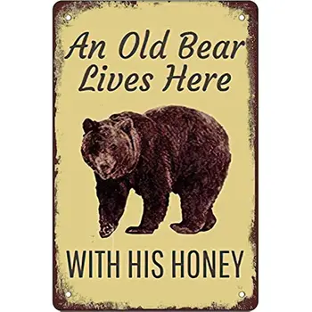 Novi stari medved, ki živi tukaj，s svojo medu Retro Vintage Dekor Prijavite Kovinski Tin Prijavite Doma Bar Stenski Dekor