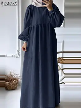 ZANZEA Modo Jeseni Denim Blue Maxi Obleka Ženske Muslimanskih Abaya Hidžab Vestido Letnik Dolg Rokav Priložnostne Počitnice Stranka Sundress