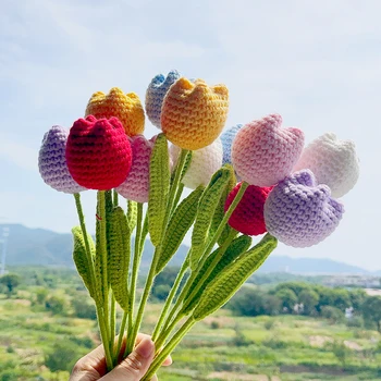 Ročno Pletene Cvetje Simulirani Pisane Ročno Tkane Tulipanov Namizni Okras Gospodinjski Darilo Dekoracijo DIY Pletenje Šopek rož