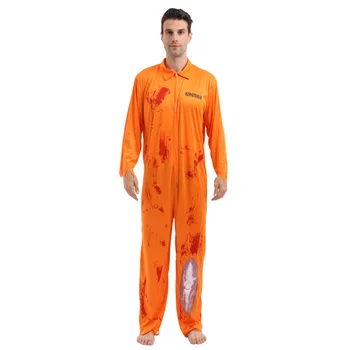 Odraslih Zombi Zapornika Kostum Moških Krvavo Mrtvih Obsojenec Scary Halloween Kostum Rumena Jumpsuit Pustna Obleka