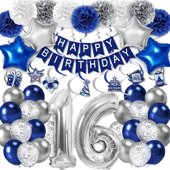 16. Rojstni dan Dekoracijo za Boy Modra Srebrna Število 16 Balon Visi Spirale Papir Cvet Žogo Šestnajst 16 let Star Stranka Dekor