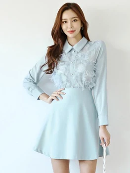 Korejski Modna ženska Majica Obleka Ženske Srčkan Odklon Očesa Čipke Splice Dolg Rokav Mini Obleke Stranka Vestidos Ulica Oblačila Jeseni