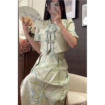 Modni Retro Kitajske Tradicionalne Kratko Krilo Obleko Kratek Rokav Bluzo Visoko Pasu, Pol Krilo Eleganten Poletje Žensk Set