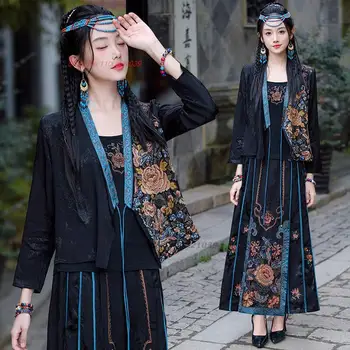 2024 kitajske tradicionalne bluzo ženske hanfu vrhovi nacionalni cvet vezenje izboljšano saten jacquardske bluzo orientalski cardigan