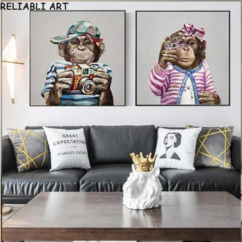Skandinavski Slog Živali Opica in Kamere, Platno Slikarstvo Plakat in Tiskanje Wall Art za Dnevni Sobi Doma Dekor Brez Okvirja