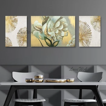 Abstraktna Umetnost Poslikave, 3 Plošče Skupine Cvet, Zlato Folijo Oljna Slika Domov Dekoracijo Platno Sliko Umetnosti Steno Platno Plakat