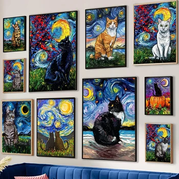 Smešno Mačka, Zvezdnato Noč Van Gogh Umetnine Platno Oljno Sliko Povzetek Srčkan Živali Wall Art Poster Tiskanje Za Sobi Doma Dekor