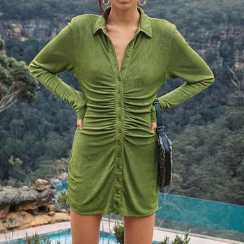 Ženske Sexy Party Klub Trdna Zelena Bodycon Obleke 2021 Ruched Majica Obleke Znižuj Ovratnik, Dolgi Rokavi Slim Mini Obleka Ženske