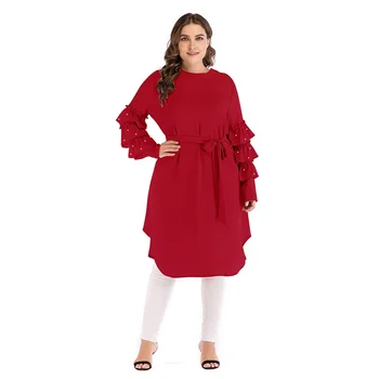 Slim Čipke-up Obleko za Ženske večplastnega Dolg Rokav Beaded Abaya Dubaj Abayas Islamska Oblačila, Casual Arabski Večer Stranka Obleko